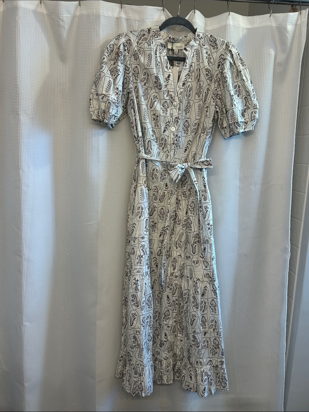 Pinch Printed Puff-Sleeve Maxi Dress in White&Brown Floral Sketch Print, NWT